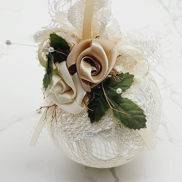 Vintage Handmade Lace Covered Christmas Ball Ornament White Floral Satin Ribbon - Picture 3 of 6